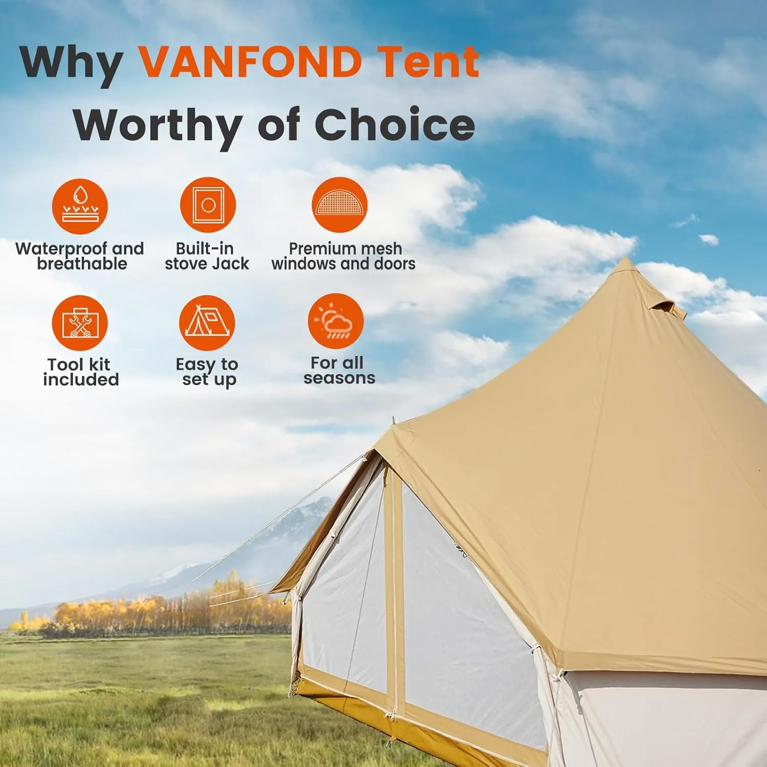 Canvas Bell Tent - 4 Seasons Glamping Yurt with Stove Jack for Family Camping - Waterproof