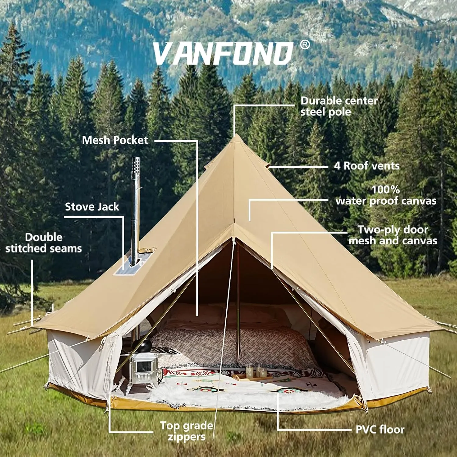 Canvas Bell Tent - 4 Seasons Glamping Yurt with Stove Jack for Family Camping - Waterproof