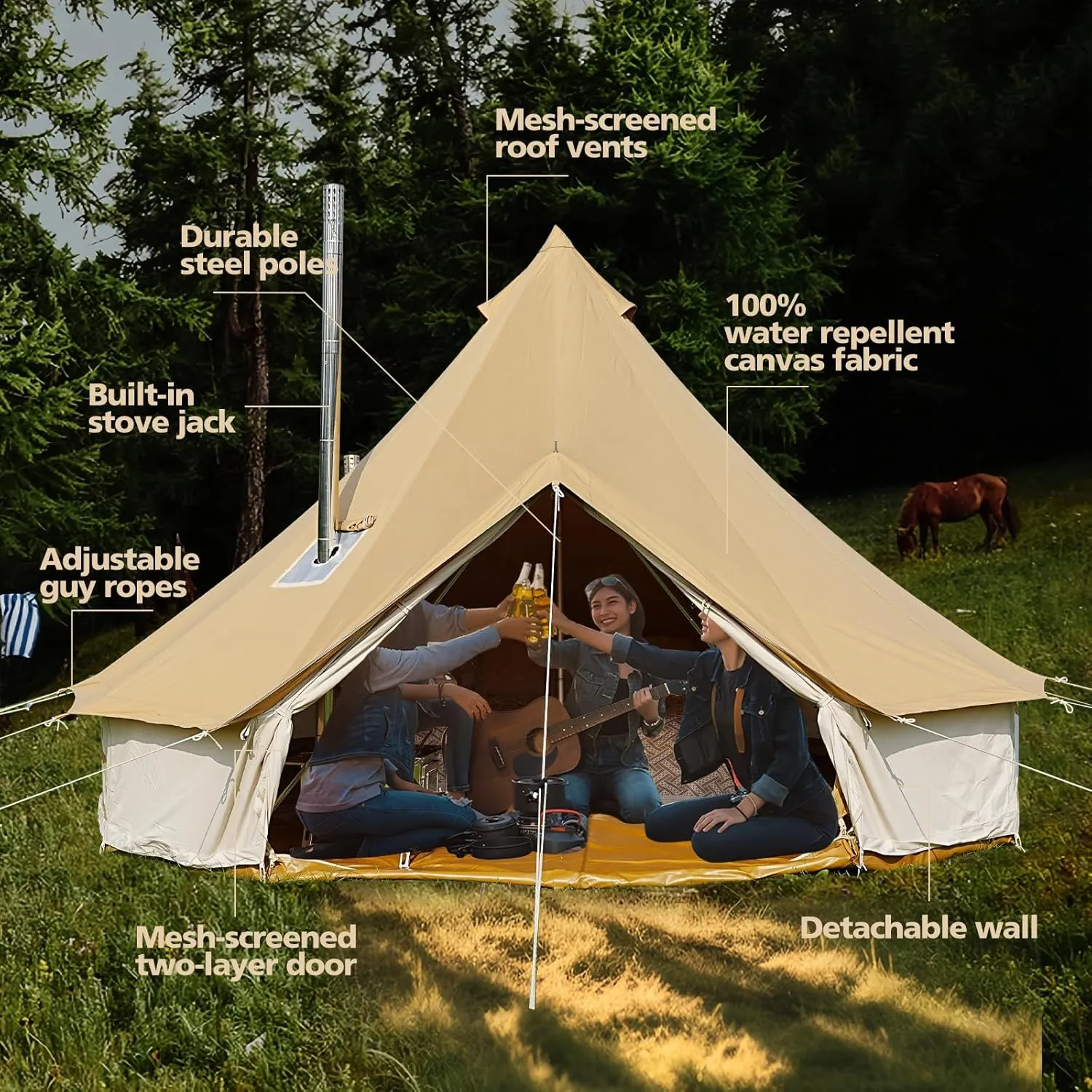 Canvas Tent Bell Tent,Yurt Tent with Stove Jack,4 Season Tent with Zipped Removable Floor,Family Camping Outdoor Hunting Party