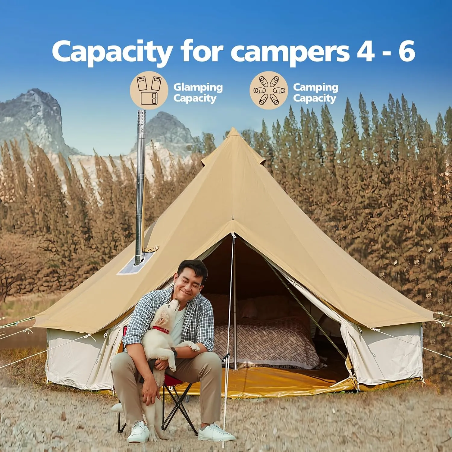 Canvas Tent Bell Tent,Yurt Tent with Stove Jack,4 Season Tent with Zipped Removable Floor,Family Camping Outdoor Hunting Party
