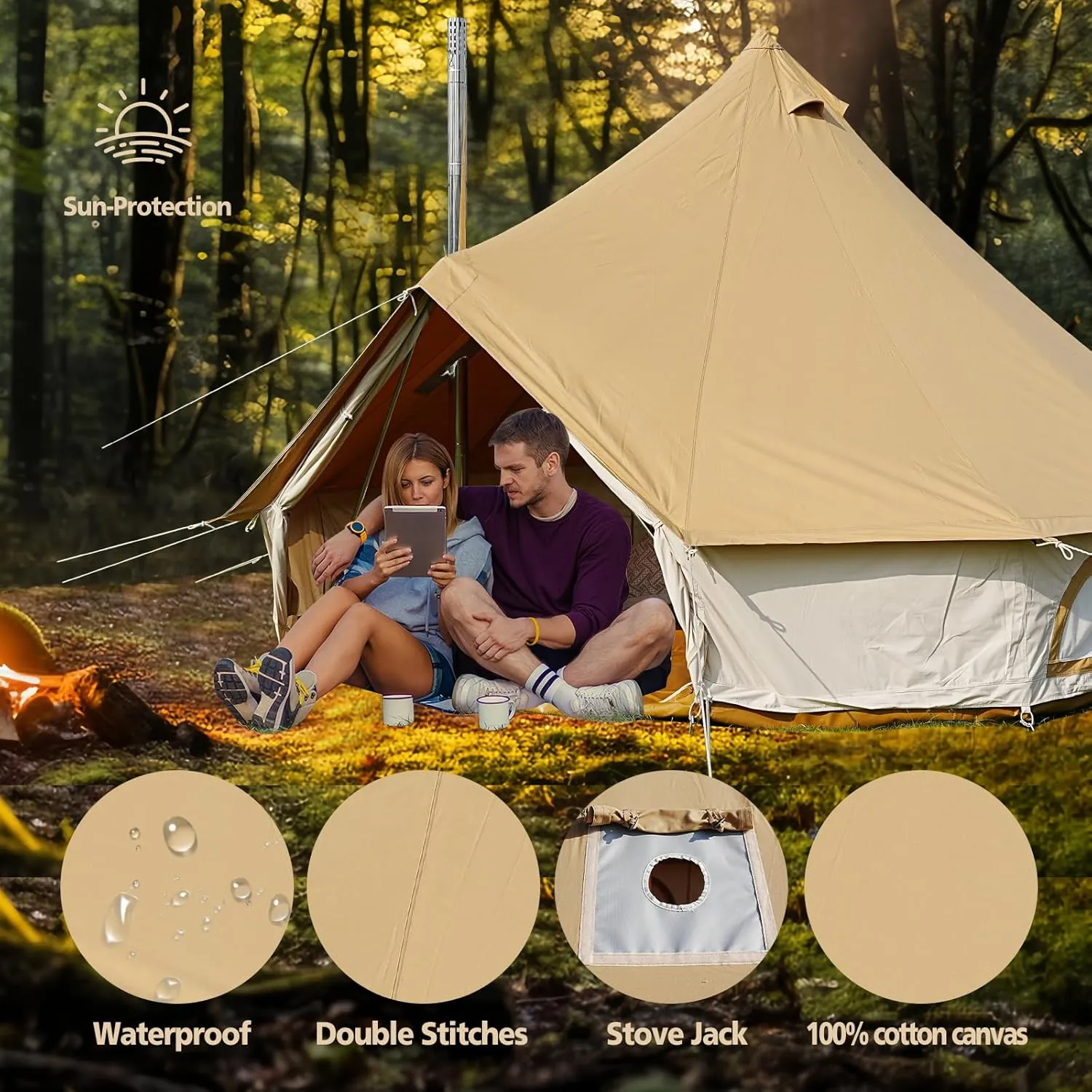 Canvas Tent Bell Tent,Yurt Tent with Stove Jack,4 Season Tent with Zipped Removable Floor,Family Camping Outdoor Hunting Party