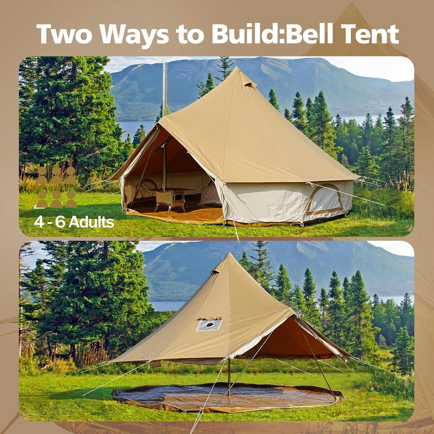 Canvas Tent Bell Tent,Yurt Tent with Stove Jack,4 Season Tent with Zipped Removable Floor,Family Camping Outdoor Hunting Party