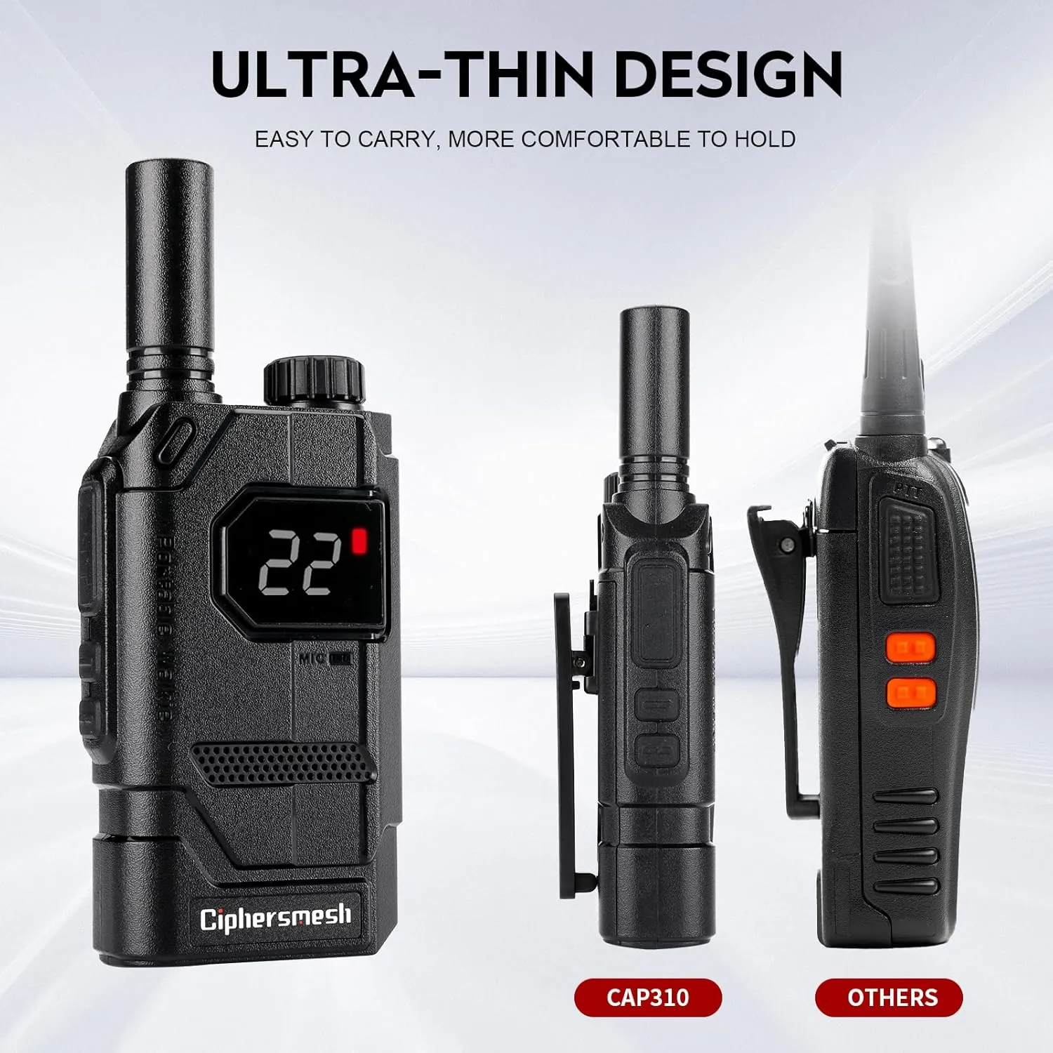 CAP310 Lightweight Walkie Talkies Long Range for Adults with Earpieces, Rechargeable Two Way Radios with 22 FRS Channels, FM Mode, VOX, High Capacity Battery for Business Family 2 Pack