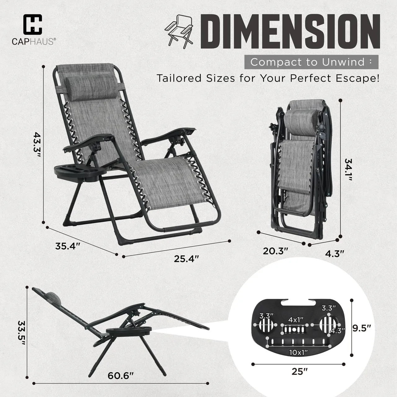 CAPHAUS Grey Zero Gravity Chair, Zero Gravity Recliner, Zero Gravity Lounge Chair, Reclining Outdoor Chair, Anti-Gravity Chair for Indoor & Outdoor, Folding Reclining Chair w/Side Tray, Grey