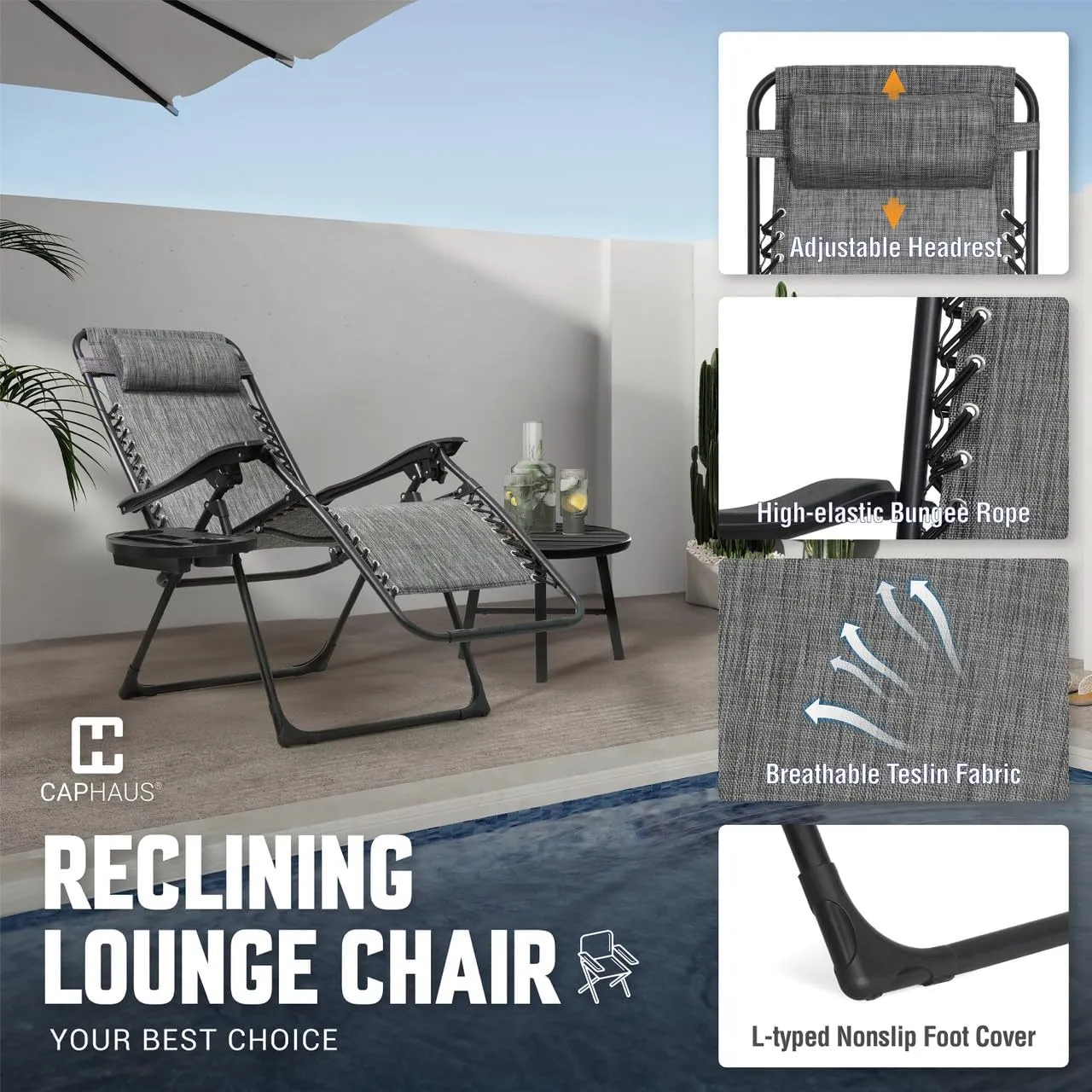 CAPHAUS Grey Zero Gravity Chair, Zero Gravity Recliner, Zero Gravity Lounge Chair, Reclining Outdoor Chair, Anti-Gravity Chair for Indoor & Outdoor, Folding Reclining Chair w/Side Tray, Grey