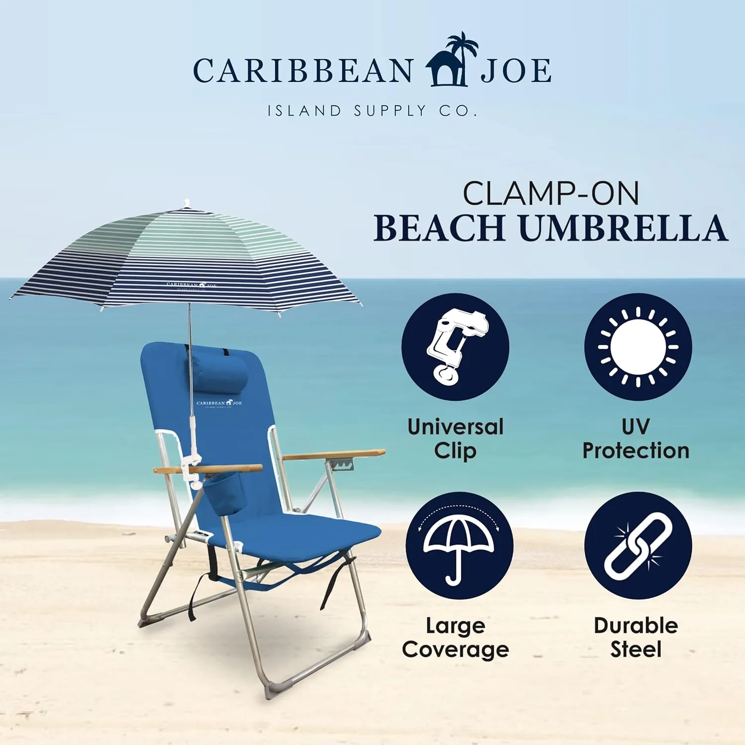Caribbean Joe Beach Umbrella for Chair, Adjustable and Universal Clamp On Beach Umbrella with UV Protection, 48 Inch Arc