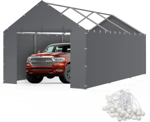 Carport Replacement Canopy Cover Sidewalls for 10x20x9.35FT Frame, Heavy Duty Garage Car Tent Shelter Tarp with Ball Bungees, Waterproof & UV Protected (Grey, Frame is not Included)