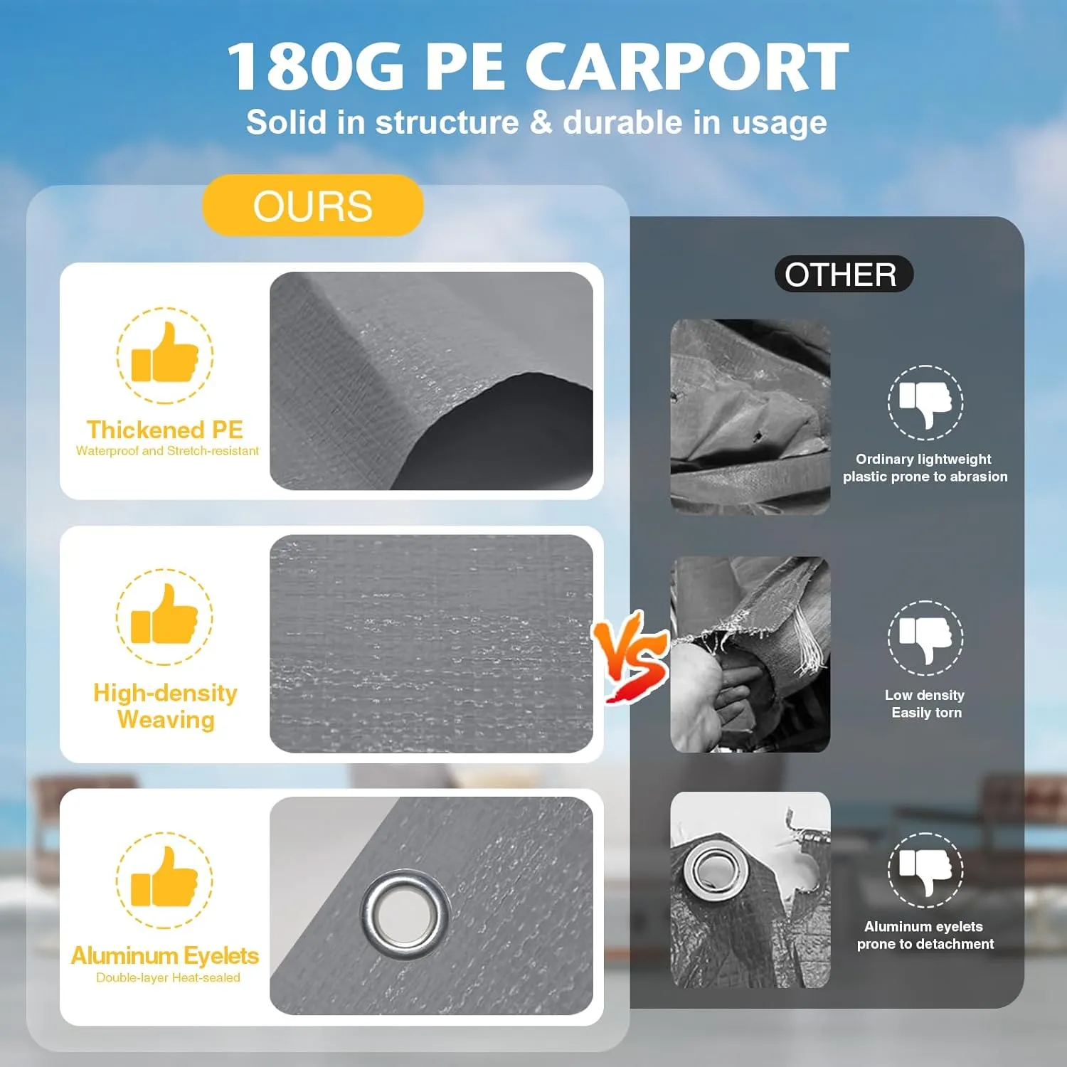 Carport Replacement Canopy Cover Sidewalls for 10x20x9.35FT Frame, Heavy Duty Garage Car Tent Shelter Tarp with Ball Bungees, Waterproof & UV Protected (Grey, Frame is not Included)