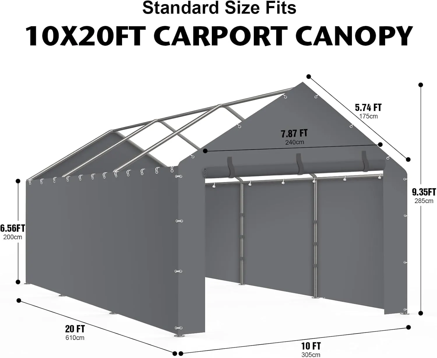 Carport Replacement Canopy Cover Sidewalls for 10x20x9.35FT Frame, Heavy Duty Garage Car Tent Shelter Tarp with Ball Bungees, Waterproof & UV Protected (Grey, Frame is not Included)