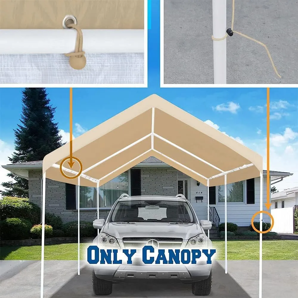 Carport Replacement Top Canopy Cover Beige 10'x20' for Car Garage Top Tarp Shelter Waterproof & UV Protected w/Ball Bungees (Only Top Cover, Frame is not Included)