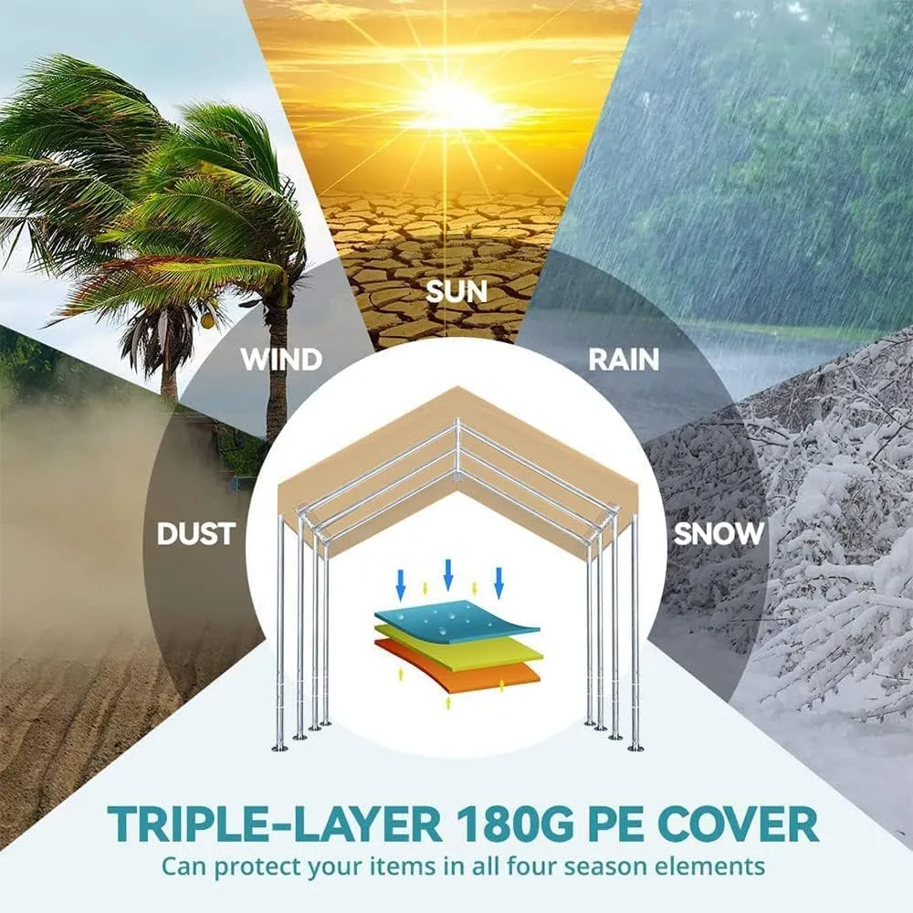 Carport Replacement Top Canopy Cover Beige 10'x20' for Car Garage Top Tarp Shelter Waterproof & UV Protected w/Ball Bungees (Only Top Cover, Frame is not Included)