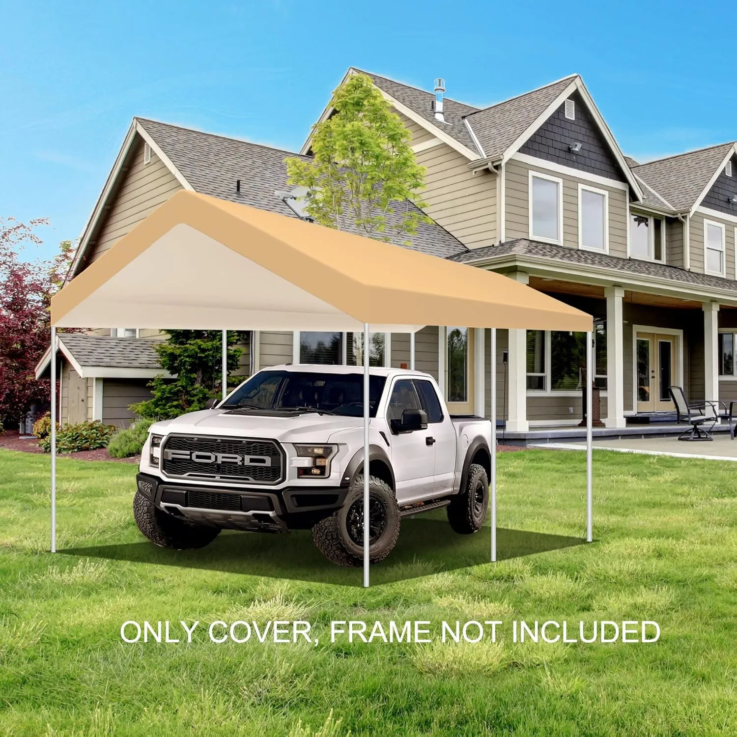 Carport Replacement Top Canopy Cover Beige 10'x20' for Car Garage Top Tarp Shelter Waterproof & UV Protected w/Ball Bungees (Only Top Cover, Frame is not Included)