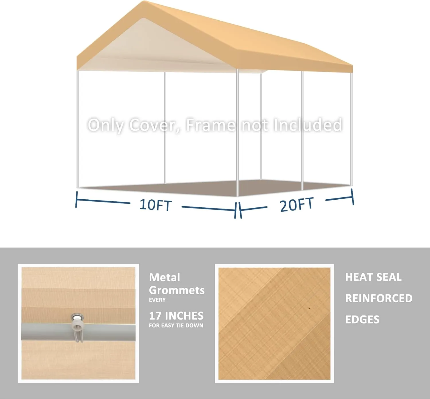 Carport Replacement Top Canopy Cover Beige 10'x20' for Car Garage Top Tarp Shelter Waterproof & UV Protected w/Ball Bungees (Only Top Cover, Frame is not Included)