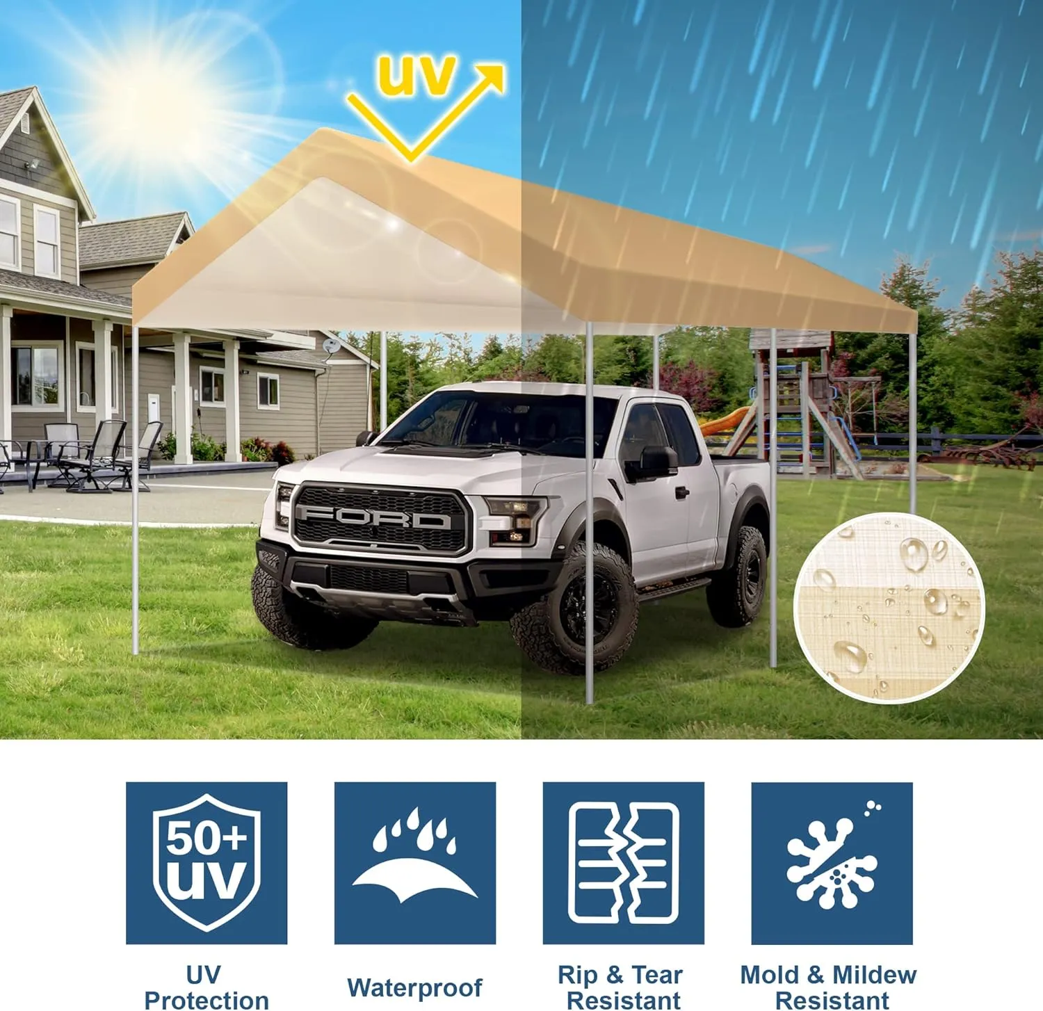Carport Replacement Top Canopy Cover Beige 10'x20' for Car Garage Top Tarp Shelter Waterproof & UV Protected w/Ball Bungees (Only Top Cover, Frame is not Included)