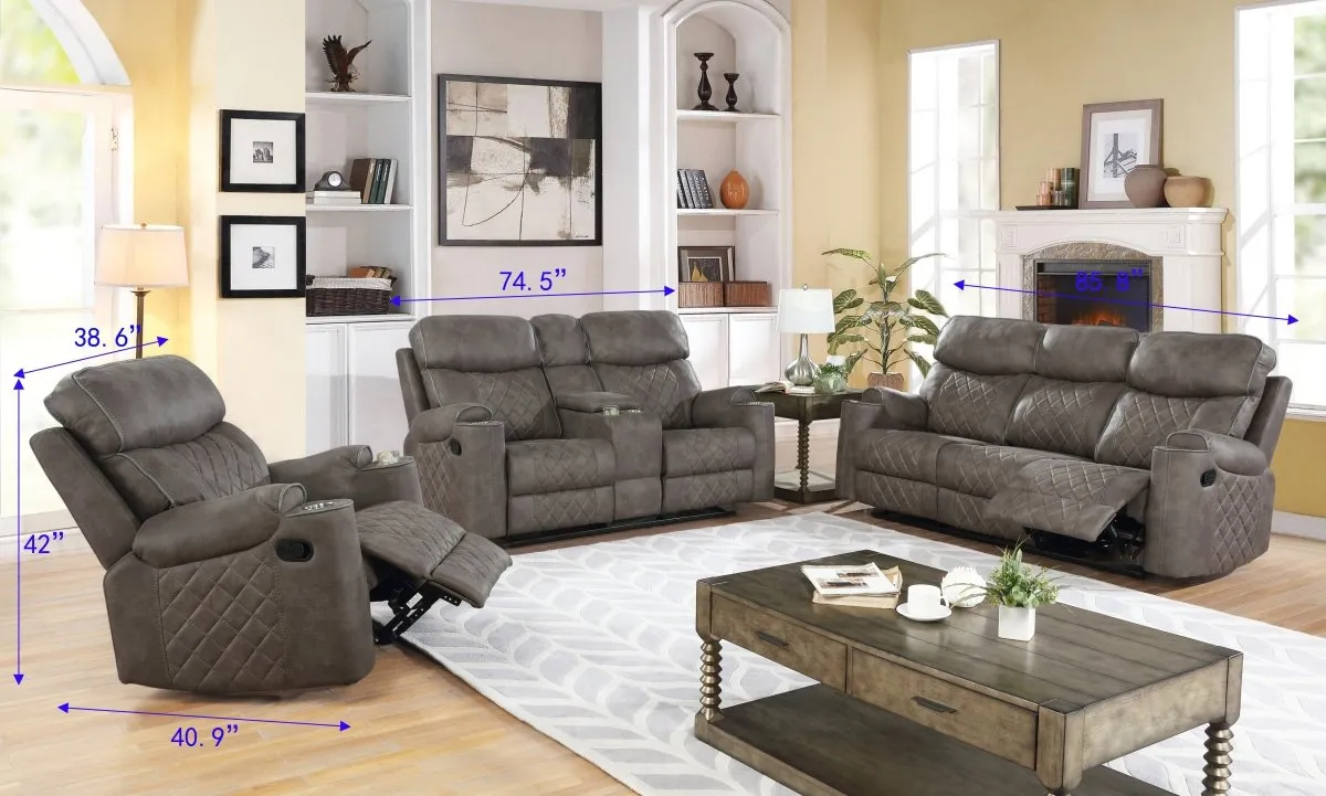 Casual Space - 3 Piece Gray Reclining Sofa Set (8 Cup Holders & a Console with Storage)