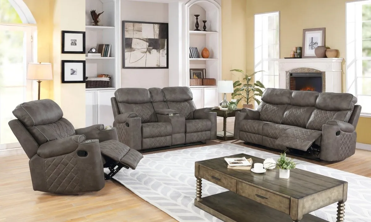 Casual Space - 3 Piece Gray Reclining Sofa Set (8 Cup Holders & a Console with Storage)
