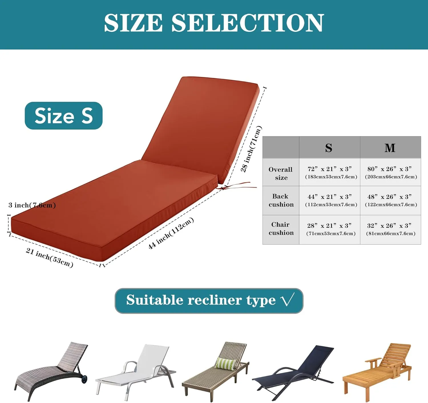 Chaise Lounge Cushion for Outdoor Furniture, Waterproof Fade and Tear Resistant Lounge Deck Chair Cushions for Patio Lawn Pool Resort Hotel, 80x26x3 Inch, Rust