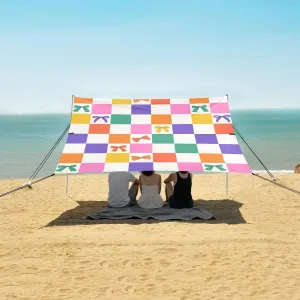 Checkered Pattern with Bowknot Beach Canopy Tent Anti-UV & Wind Resistant, Camping Sun Shelter Easy Setup Portable,Outdoor Shade Tents with Sandbags,Sand Shovels,Ground Pegs & Stability Poles