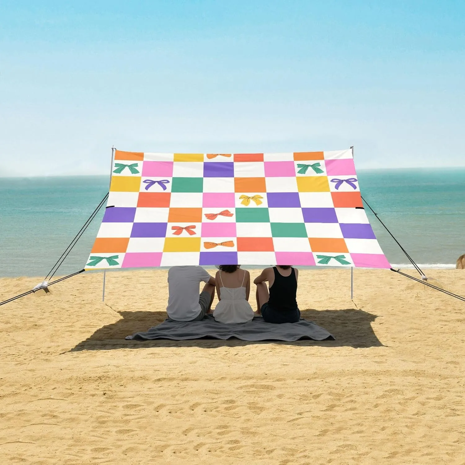Checkered Pattern with Bowknot Beach Canopy Tent Anti-UV & Wind Resistant, Camping Sun Shelter Easy Setup Portable,Outdoor Shade Tents with Sandbags,Sand Shovels,Ground Pegs & Stability Poles