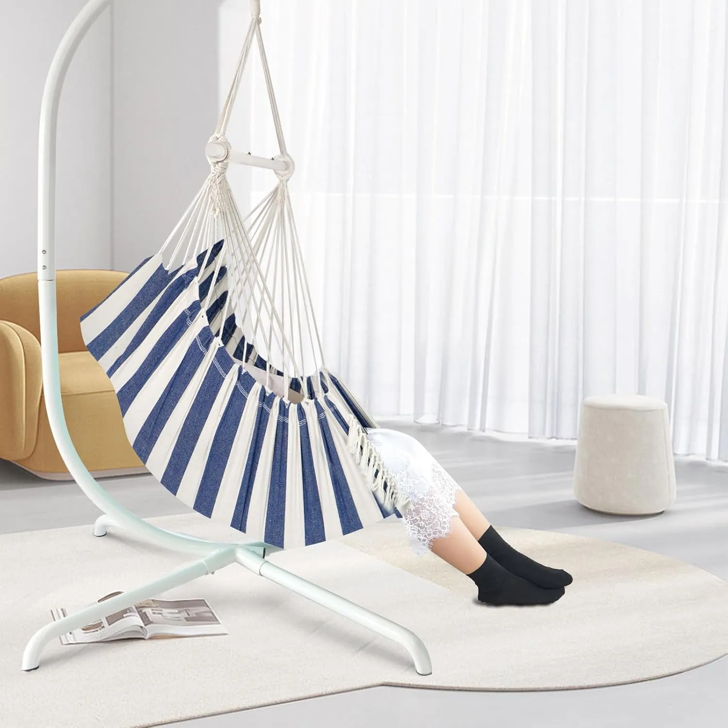 Chihee Hammock Chair Hanging Swing Max 500 Lbs 2 Cushions Included Steel Spreader Bar with Anti-Slip Grooves Portable Hanging Chair Side Pocket Large Macrame Bohemian Chair Indoor Outdoor