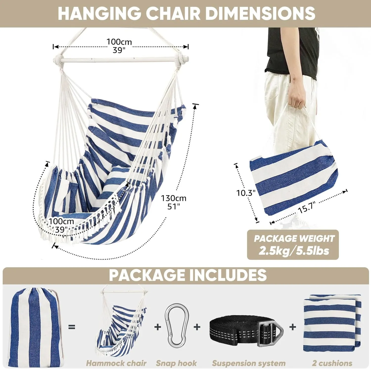 Chihee Hammock Chair Hanging Swing Max 500 Lbs 2 Cushions Included Steel Spreader Bar with Anti-Slip Grooves Portable Hanging Chair Side Pocket Large Macrame Bohemian Chair Indoor Outdoor
