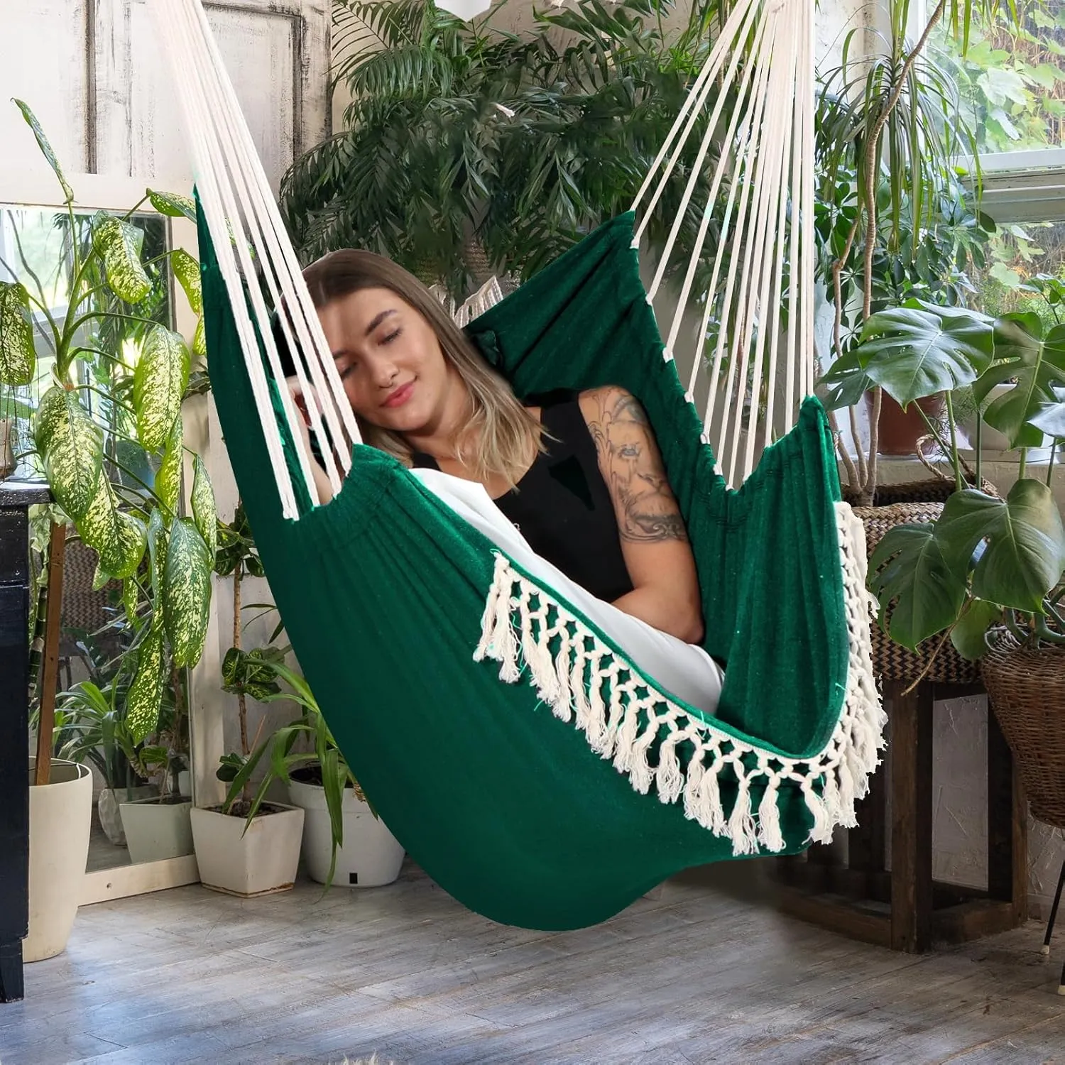 Chihee Hammock Chair Hanging Swing Max 500 Lbs 2 Cushions Included Steel Spreader Bar with Anti-Slip Grooves Portable Hanging Chair Side Pocket Large Macrame Bohemian Chair Indoor Outdoor