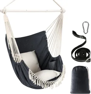 Chihee Hammock Chair Hanging Swing Max 500 Lbs 2 Cushions Included Steel Spreader Bar with Anti-Slip Grooves Portable Hanging Chair Side Pocket Large Macrame Bohemian Chair Indoor Outdoor