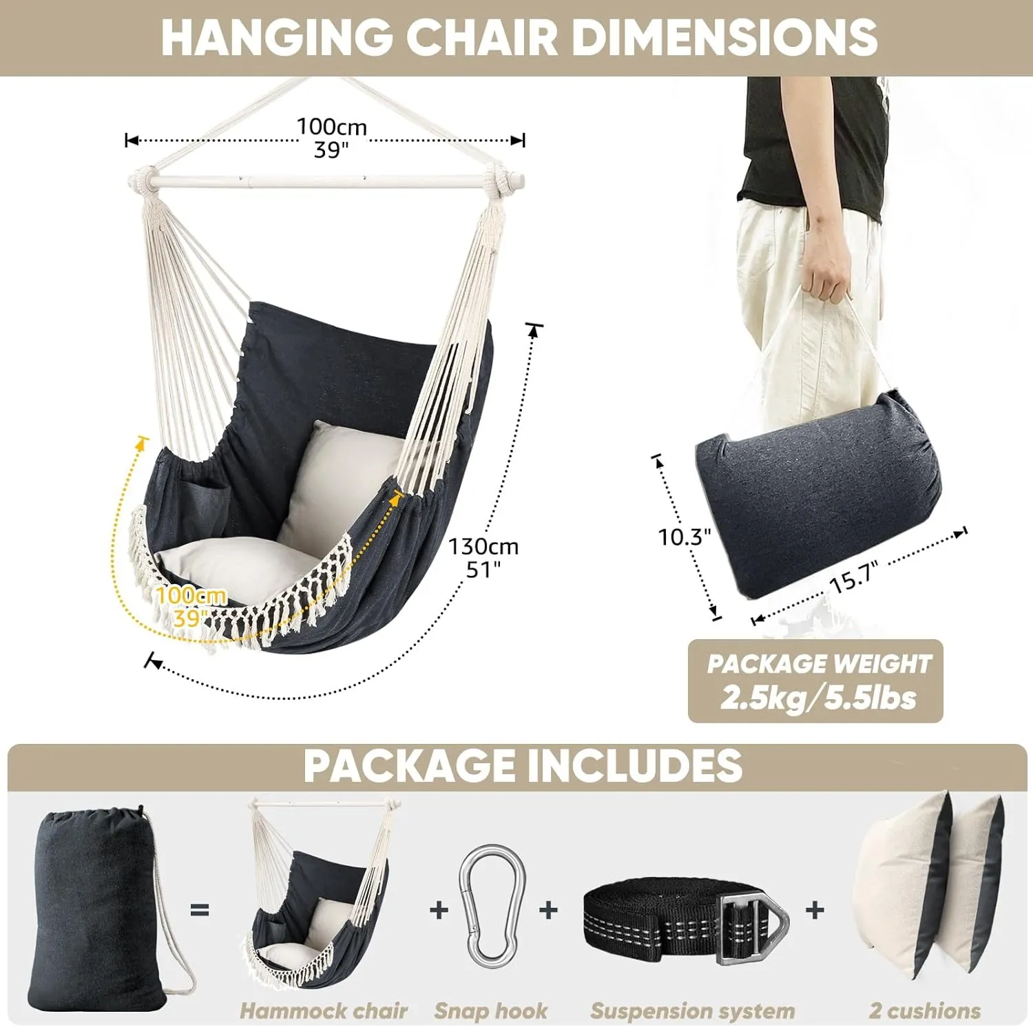 Chihee Hammock Chair Hanging Swing Max 500 Lbs 2 Cushions Included Steel Spreader Bar with Anti-Slip Grooves Portable Hanging Chair Side Pocket Large Macrame Bohemian Chair Indoor Outdoor