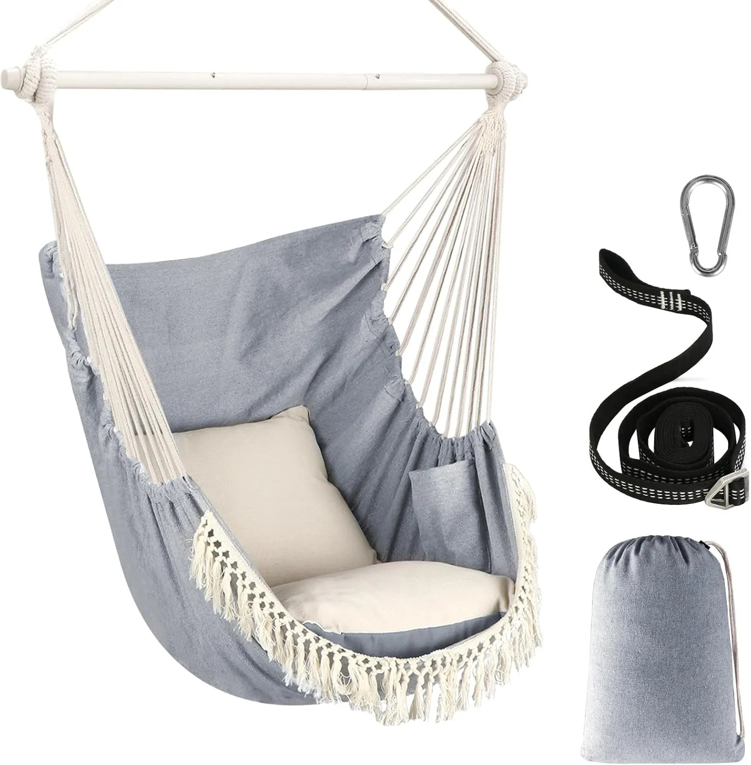 Chihee Hammock Chair Hanging Swing Max 500 Lbs 2 Cushions Included Steel Spreader Bar with Anti-Slip Grooves Portable Hanging Chair Side Pocket Large Macrame Bohemian Chair Indoor Outdoor