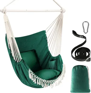 Chihee Hammock Chair Hanging Swing Max 500 Lbs 2 Cushions Included Steel Spreader Bar with Anti-Slip Grooves Portable Hanging Chair Side Pocket Large Macrame Bohemian Chair Indoor Outdoor