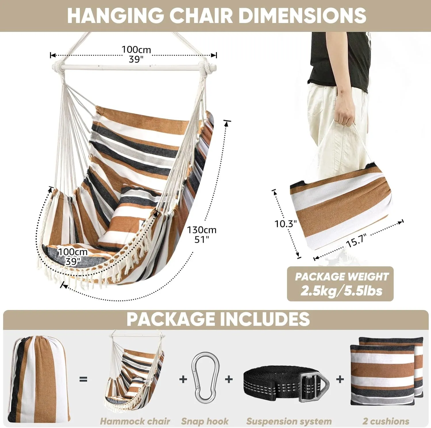 Chihee Hammock Chair Hanging Swing Max 500 Lbs 2 Cushions Included Steel Spreader Bar with Anti-Slip Grooves Portable Hanging Chair Side Pocket Large Macrame Bohemian Chair Indoor Outdoor