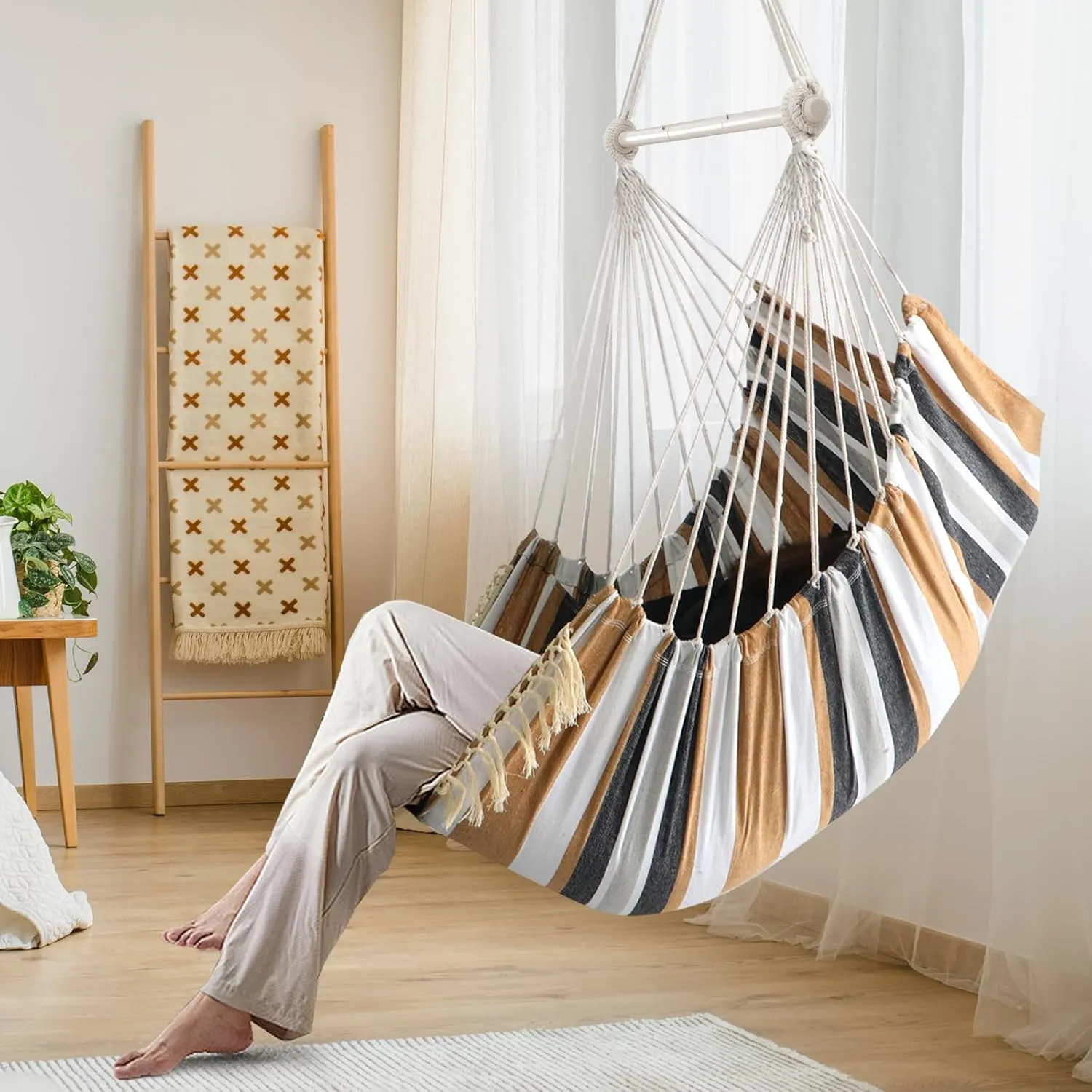 Chihee Hammock Chair Hanging Swing Max 500 Lbs 2 Cushions Included Steel Spreader Bar with Anti-Slip Grooves Portable Hanging Chair Side Pocket Large Macrame Bohemian Chair Indoor Outdoor