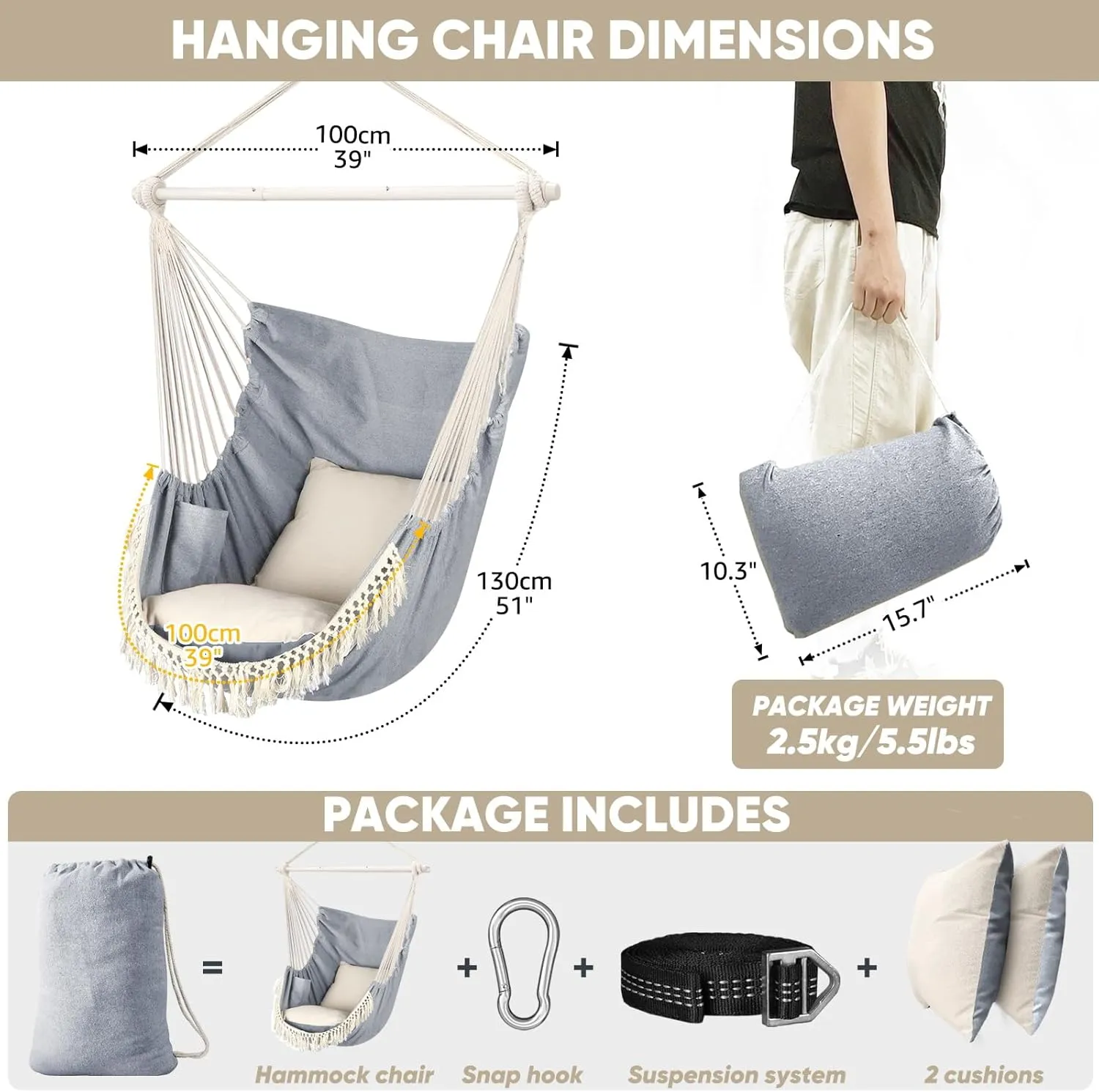 Chihee Hammock Chair Hanging Swing Max 500 Lbs 2 Cushions Included Steel Spreader Bar with Anti-Slip Grooves Portable Hanging Chair Side Pocket Large Macrame Bohemian Chair Indoor Outdoor