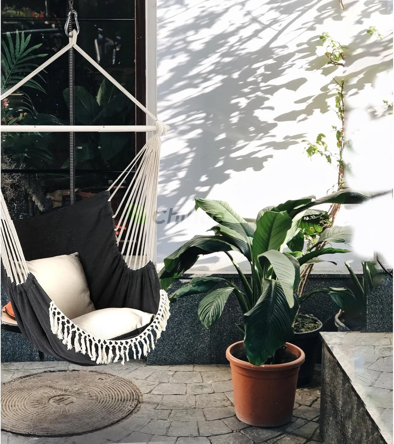 Chihee Hammock Chair Hanging Swing Max 500 Lbs 2 Cushions Included Steel Spreader Bar with Anti-Slip Grooves Portable Hanging Chair Side Pocket Large Macrame Bohemian Chair Indoor Outdoor