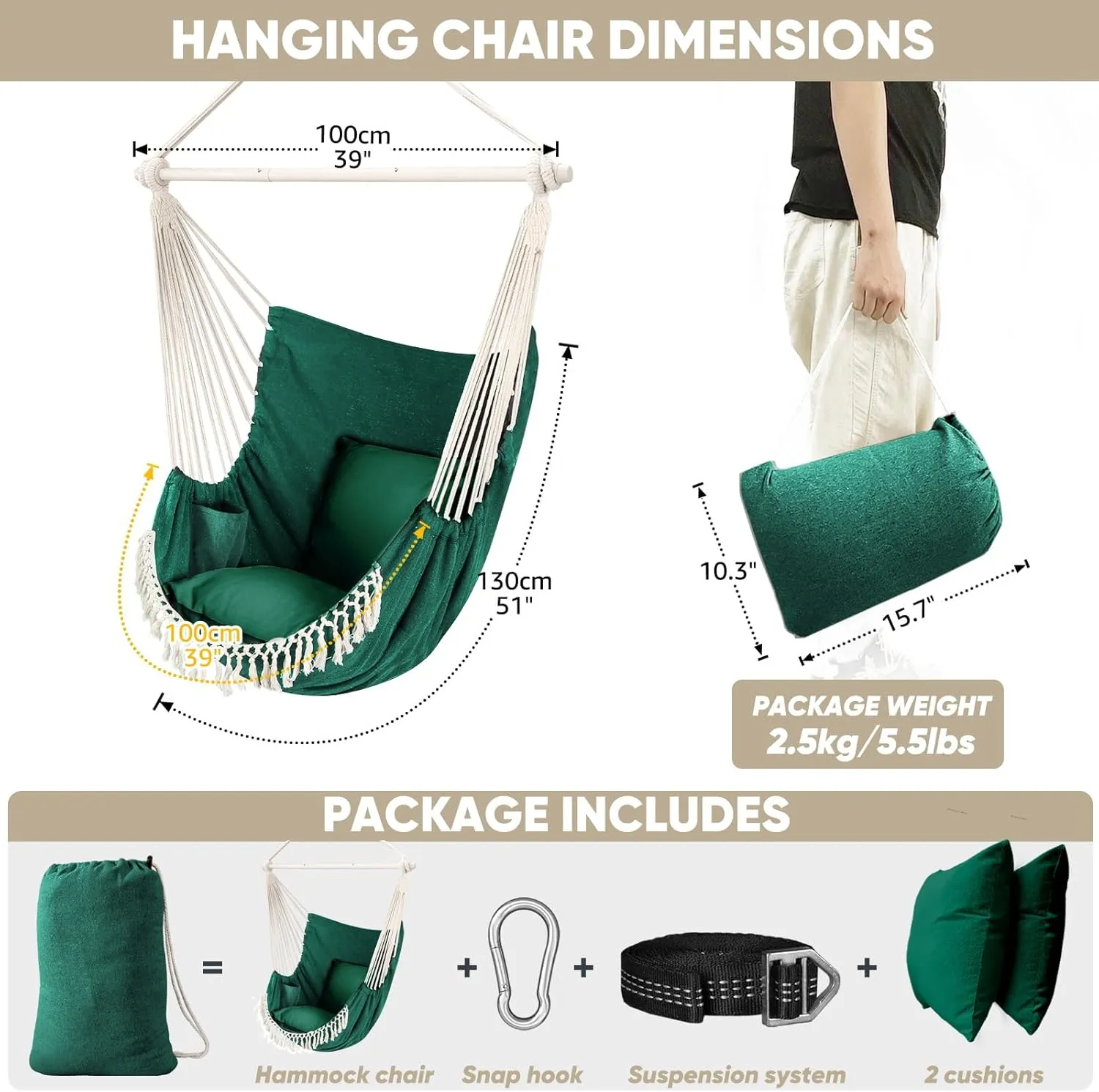 Chihee Hammock Chair Hanging Swing Max 500 Lbs 2 Cushions Included Steel Spreader Bar with Anti-Slip Grooves Portable Hanging Chair Side Pocket Large Macrame Bohemian Chair Indoor Outdoor