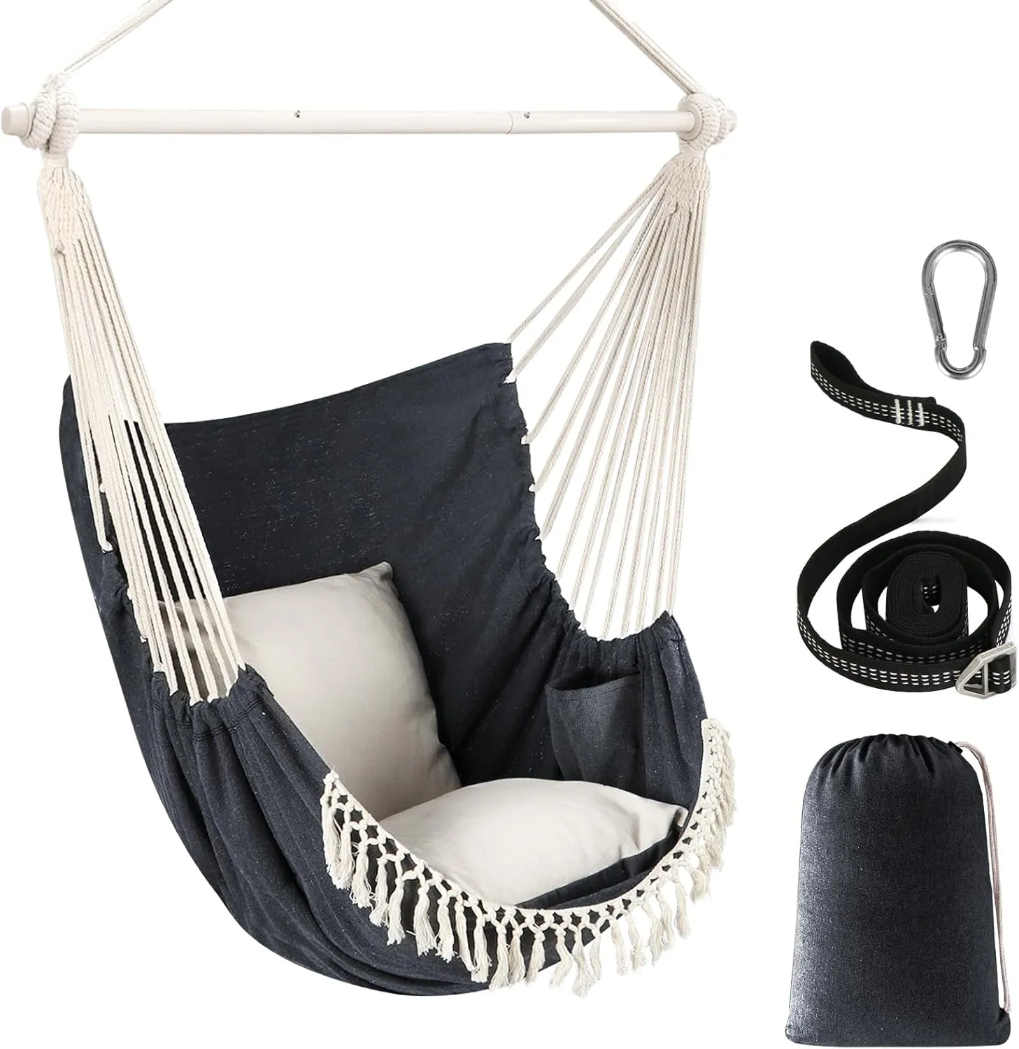 Chihee Hammock Chair Hanging Swing Max 500 Lbs 2 Cushions Included Steel Spreader Bar with Anti-Slip Grooves Portable Hanging Chair Side Pocket Large Macrame Bohemian Chair Indoor Outdoor