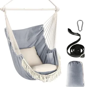 Chihee Hammock Chair Hanging Swing Max 500 Lbs 2 Cushions Included Steel Spreader Bar with Anti-Slip Grooves Portable Hanging Chair Side Pocket Large Macrame Bohemian Chair Indoor Outdoor