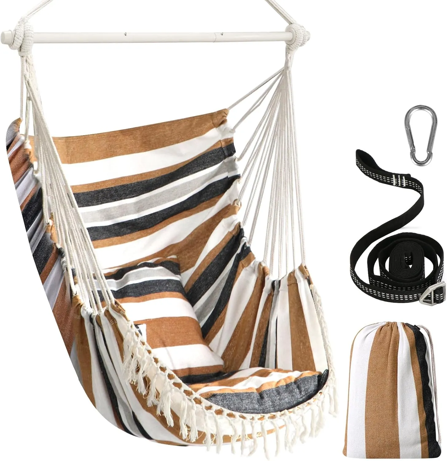 Chihee Hammock Chair Hanging Swing Max 500 Lbs 2 Cushions Included Steel Spreader Bar with Anti-Slip Grooves Portable Hanging Chair Side Pocket Large Macrame Bohemian Chair Indoor Outdoor