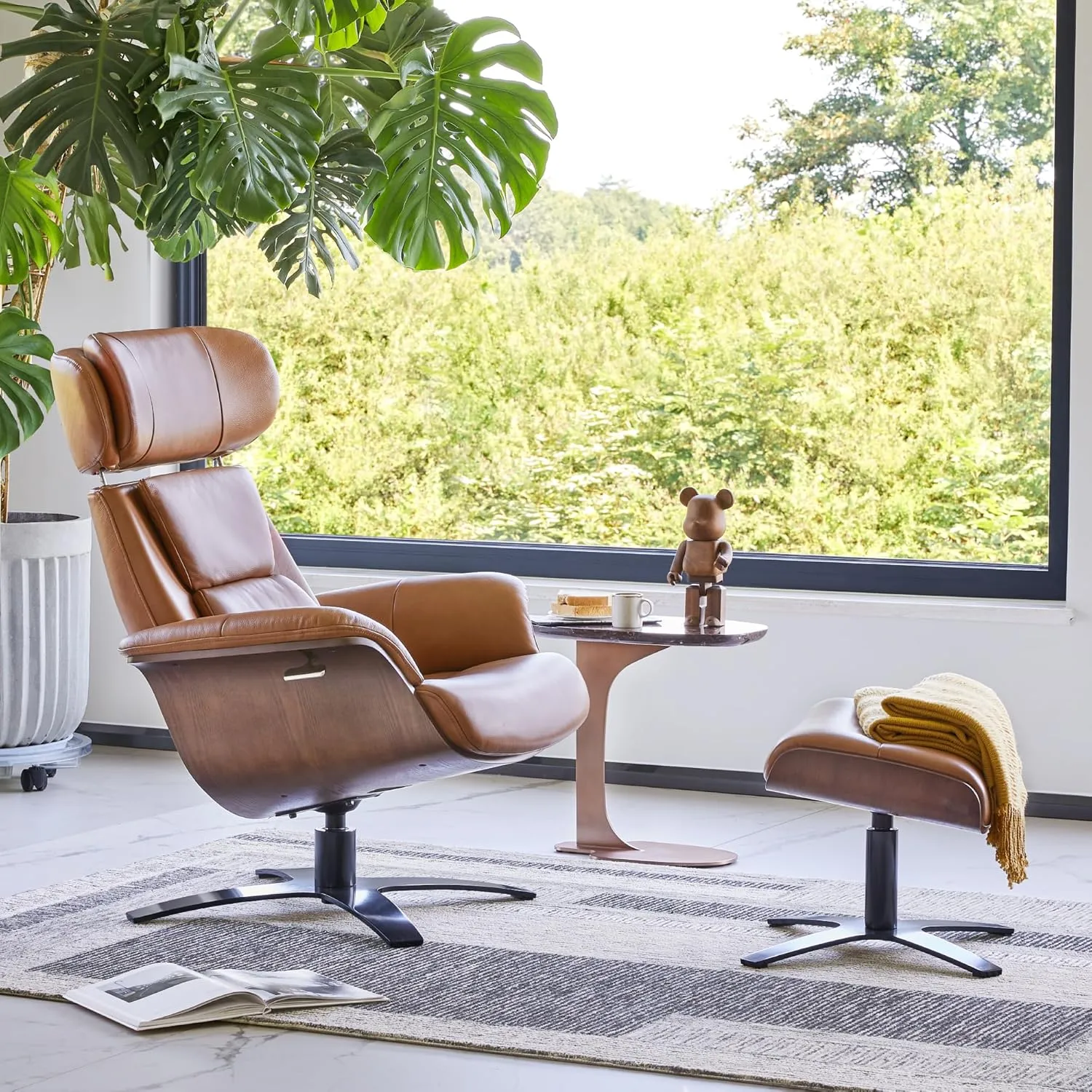 CHITA Genuine Leather Reclining Swivel Chair with Adjustable Headrest and Ottoman for Living Room, Saddle