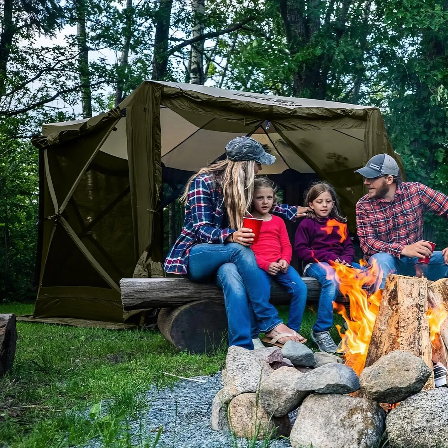 CLAM Pop Up Screen Tent, Outdoor Camping Gazebo Canopy, Pavilion, 12.5', Green/Tan