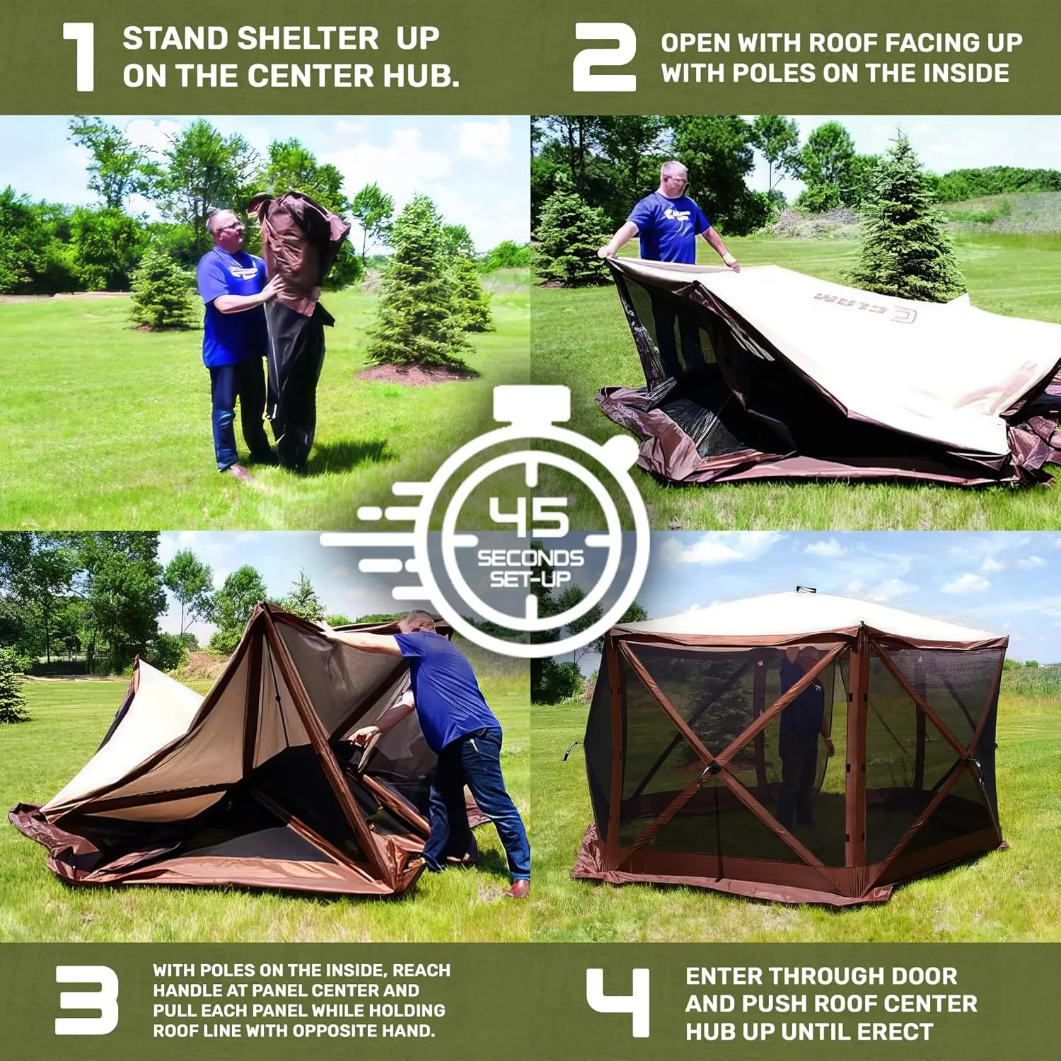CLAM Pop Up Screen Tent, Outdoor Camping Gazebo Canopy, Traveler, 6', Green/Tan