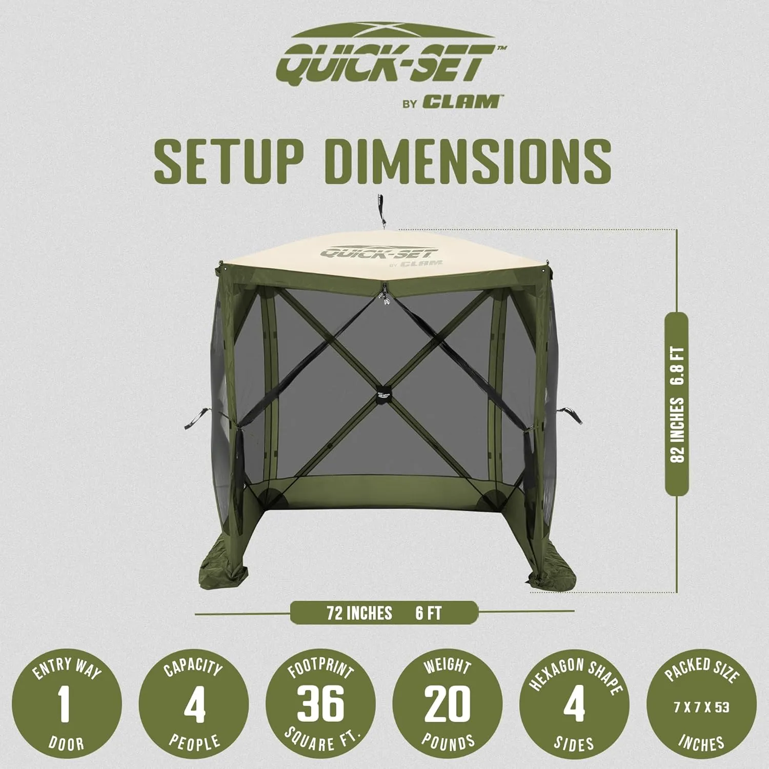 CLAM Pop Up Screen Tent, Outdoor Camping Gazebo Canopy, Traveler, 6', Green/Tan