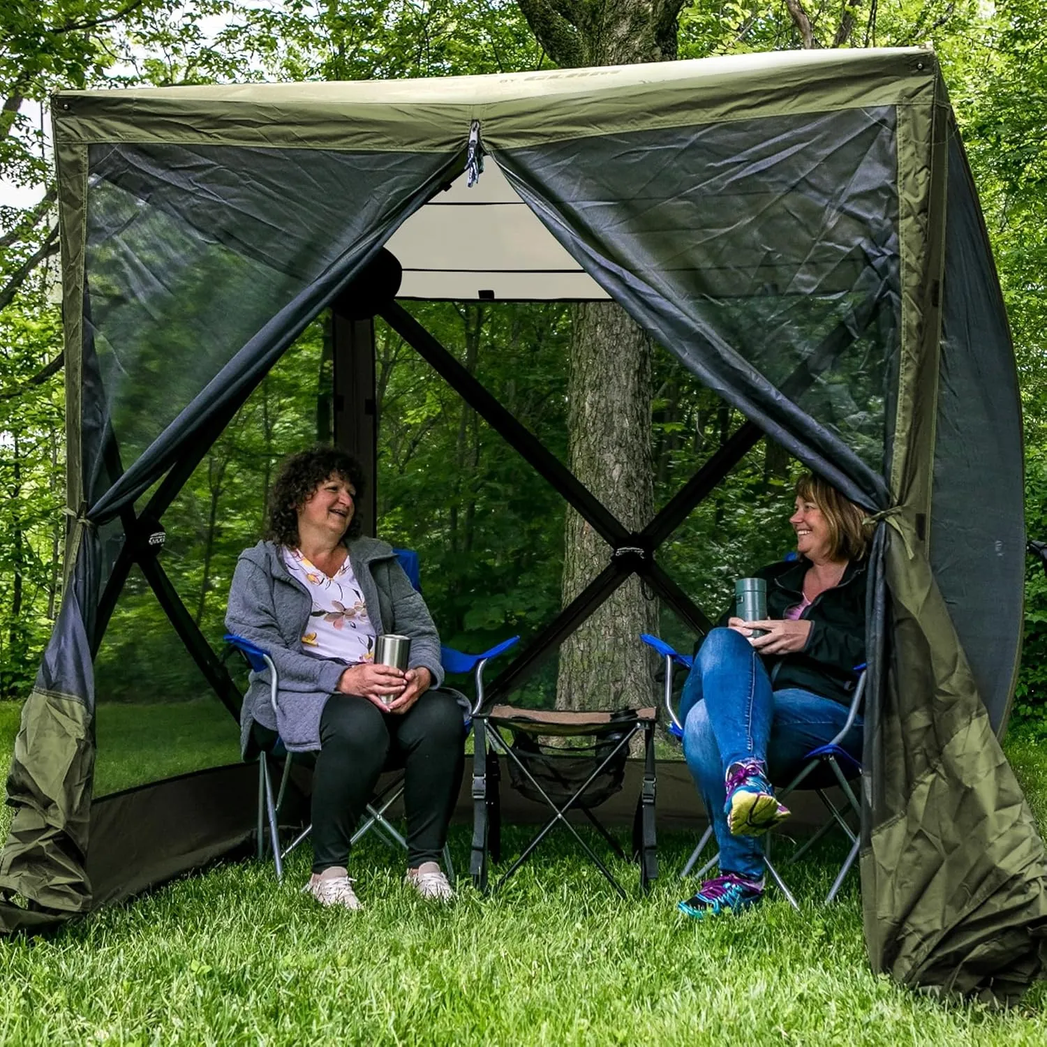 CLAM Pop Up Screen Tent, Outdoor Camping Gazebo Canopy, Traveler, 6', Green/Tan