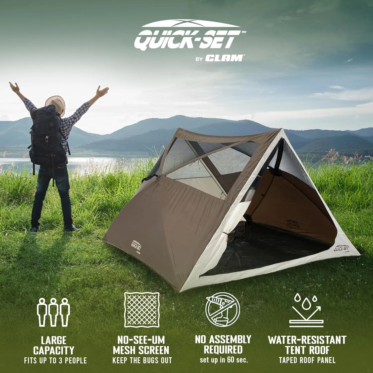 CLAM Quick-Set A-Frame Tent, 8 x 8 Ft Portable Outdoor Hiking Camping Shelter, Apex, Brown