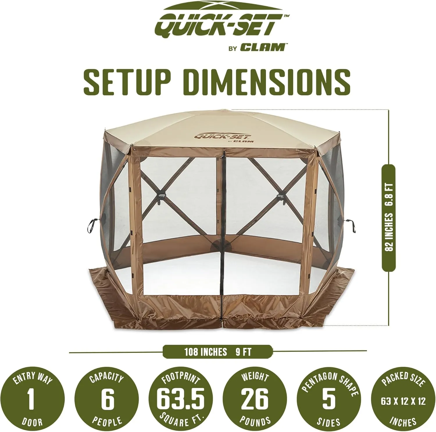 CLAM Venture 9 x 9 Foot Portable Outdoor Gazebo Canopy Camping Tent Shelter, with 3 Wind and Sun Panels and Carry Bag Accessory, Brown