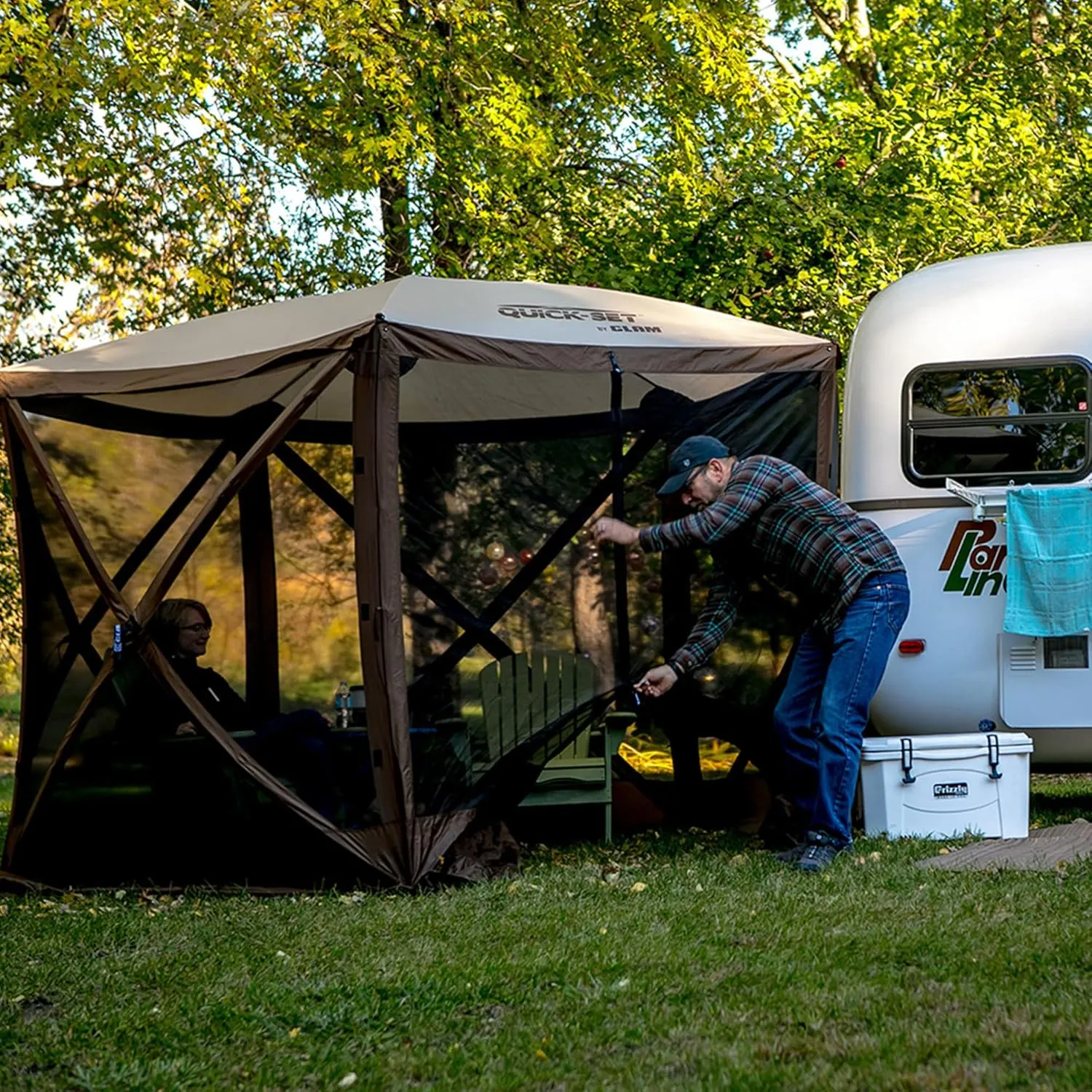 CLAM Venture 9 x 9 Foot Portable Outdoor Gazebo Canopy Camping Tent Shelter, with 3 Wind and Sun Panels and Carry Bag Accessory, Brown
