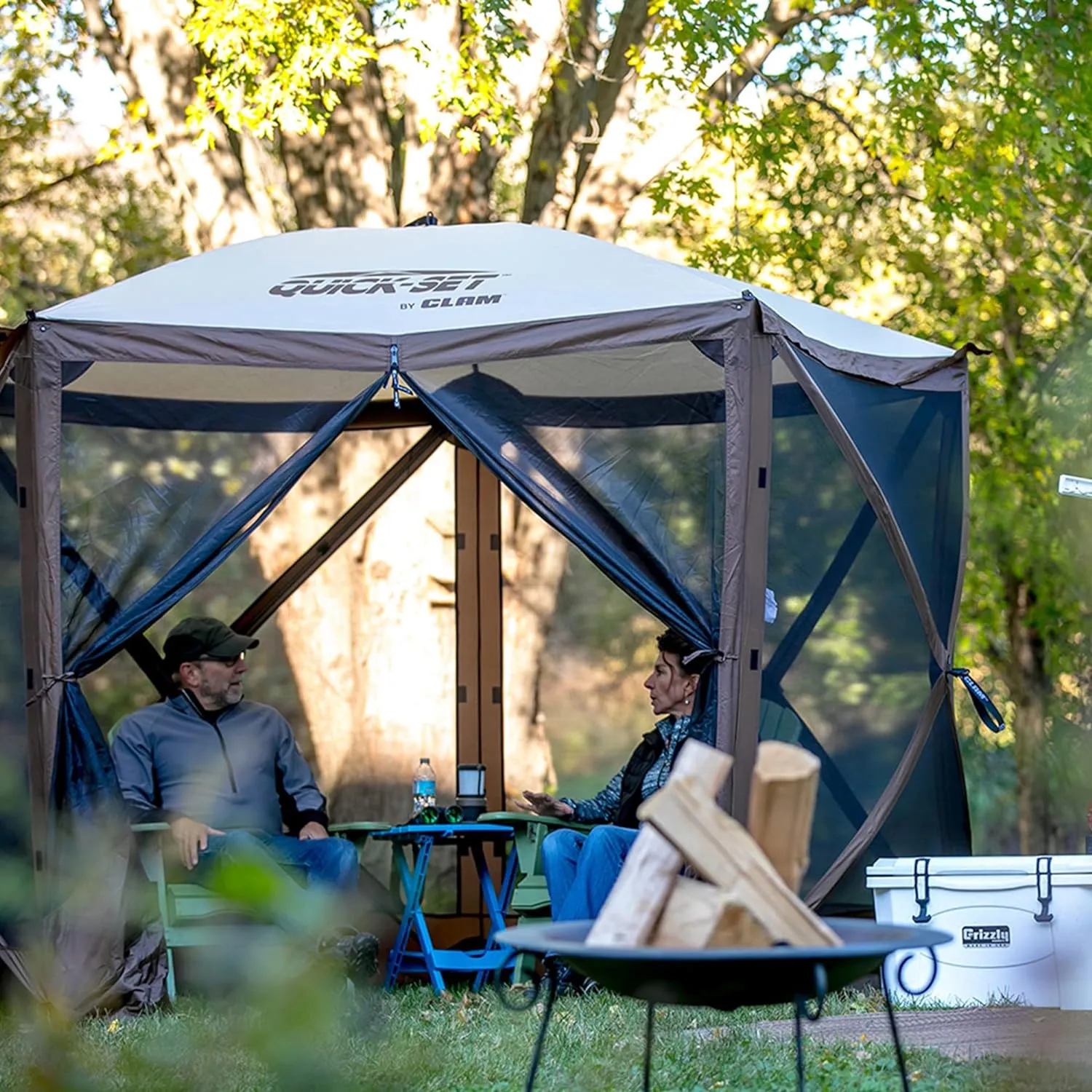 CLAM Venture 9 x 9 Foot Portable Outdoor Gazebo Canopy Camping Tent Shelter, with 3 Wind and Sun Panels and Carry Bag Accessory, Brown