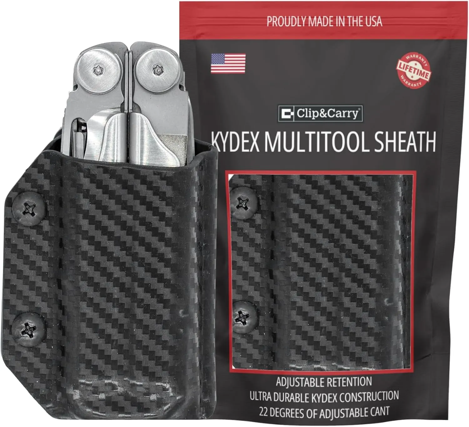 Clip & Carry Kydex Multitool Sheath for The Leatherman Wave and LEATHERMAN Wave Plus - Made in USA - EDC Multi Tool Sheath Holder Holster Cover - Carbon Fiber Black