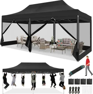 COBIZI 10x20 Heavy Duty Pop Up Canopy Tent with 6 Sidewalls, Commercial Gazebo Party Tent with Mosquito Netting Wall Easy Set Up Outdoor Instant Screen Tent for Backyard, Patio, Garden, Black
