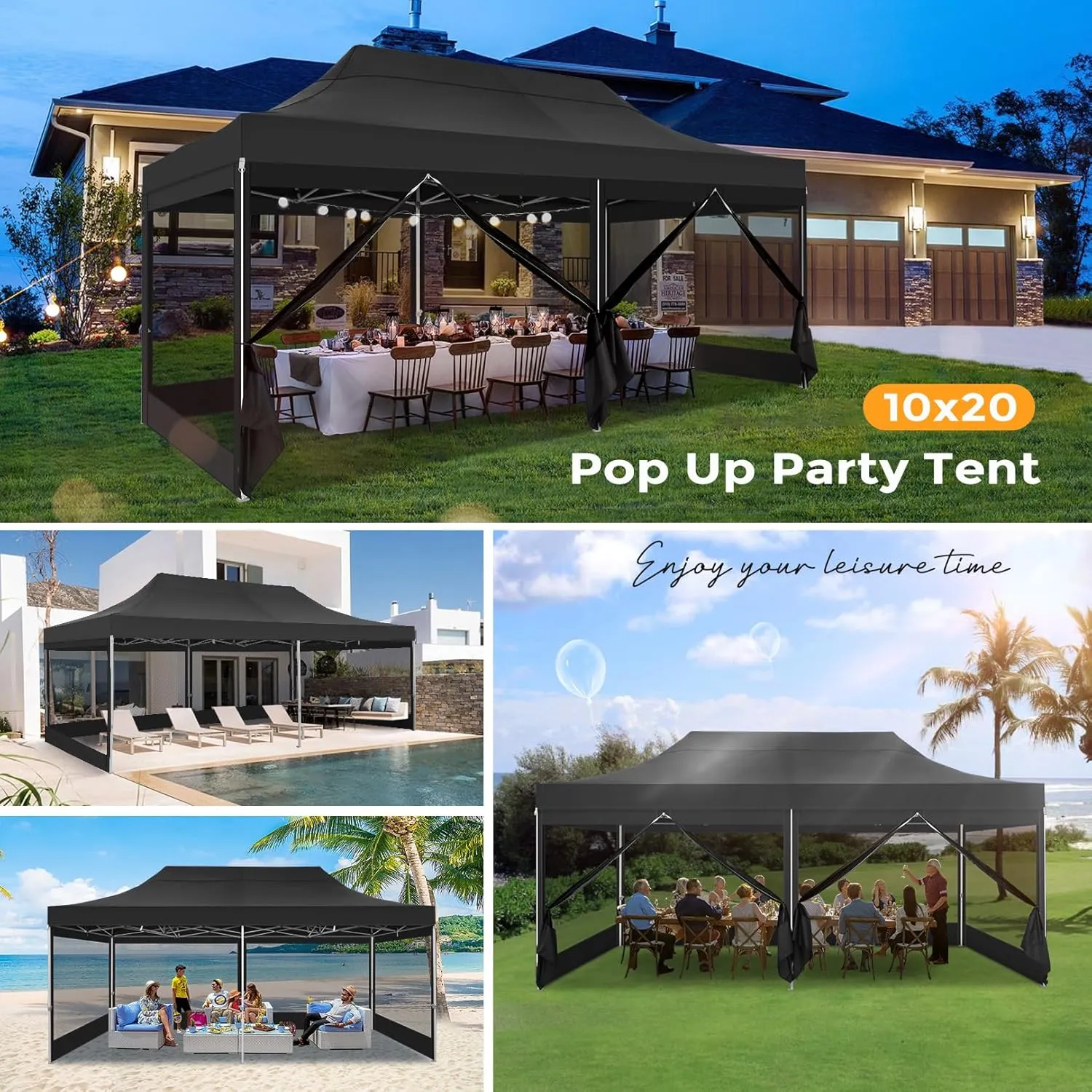 COBIZI 10x20 Heavy Duty Pop Up Canopy Tent with 6 Sidewalls, Commercial Gazebo Party Tent with Mosquito Netting Wall Easy Set Up Outdoor Instant Screen Tent for Backyard, Patio, Garden, Black